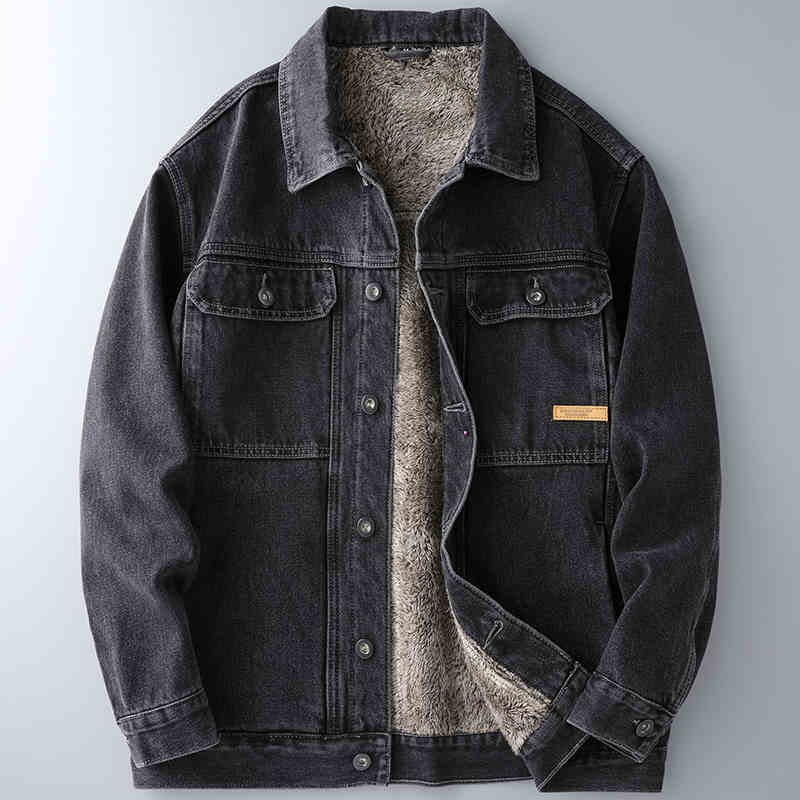 点霸加绒牛仔外套男装冬季潮牌宽松大码加厚保暖黑色复古棉衣夹克