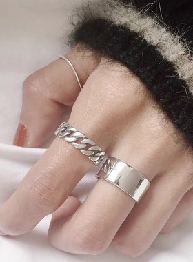 999银宽版光面韩版潮流活口纯银戒指男女指环免费刻字简约时尚