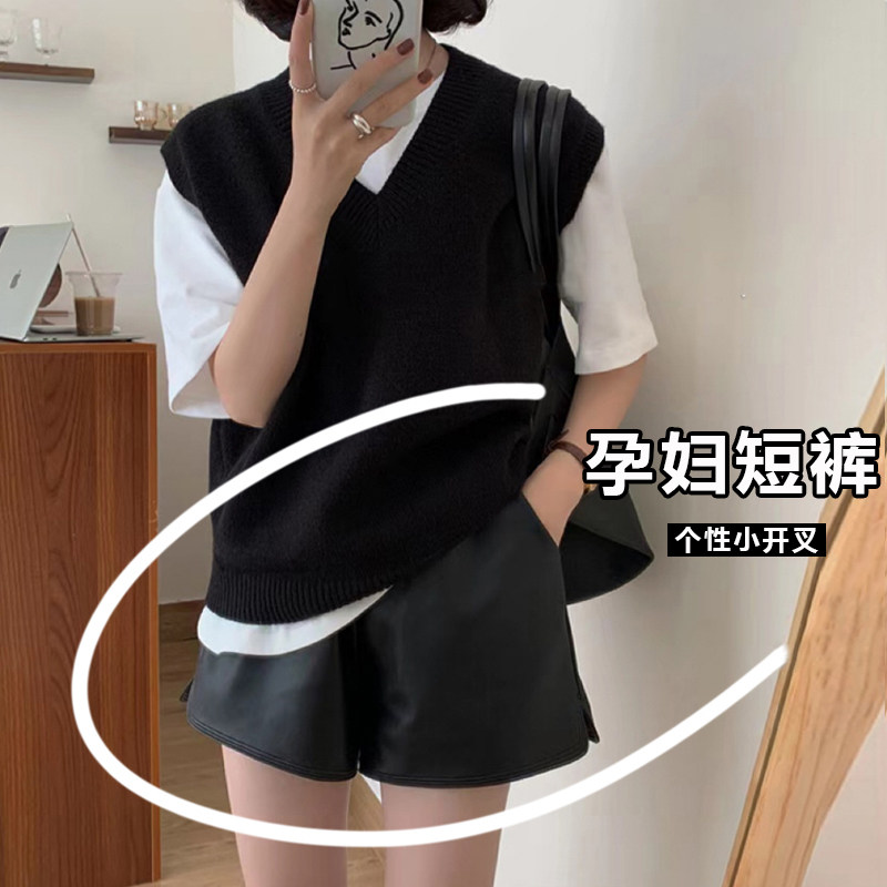 孕妇皮短裤c春秋季新款外穿宽松休闲三分裤黑色开叉显瘦阔腿短裤