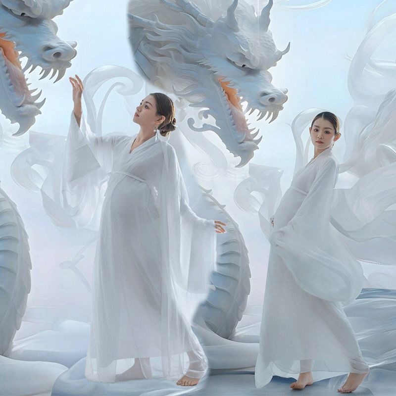 影楼新款龙年孕妈拍照服装影楼摄影AI孕妇仙气白色写真艺术照服装