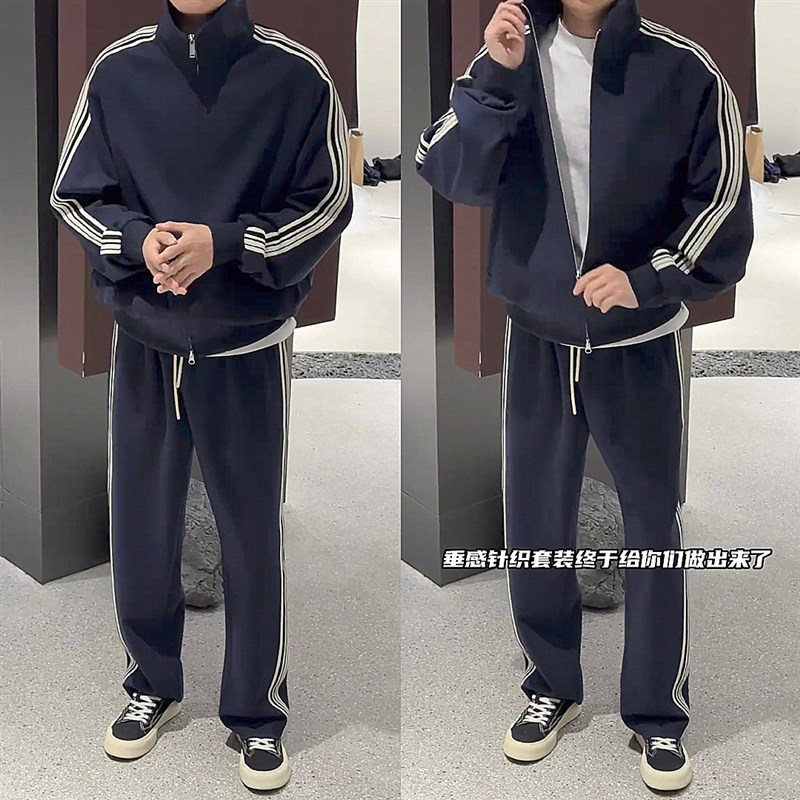 春季新款竖条纹休闲运动套装男士韩系潮I流卫衣直筒卫裤情侣两件