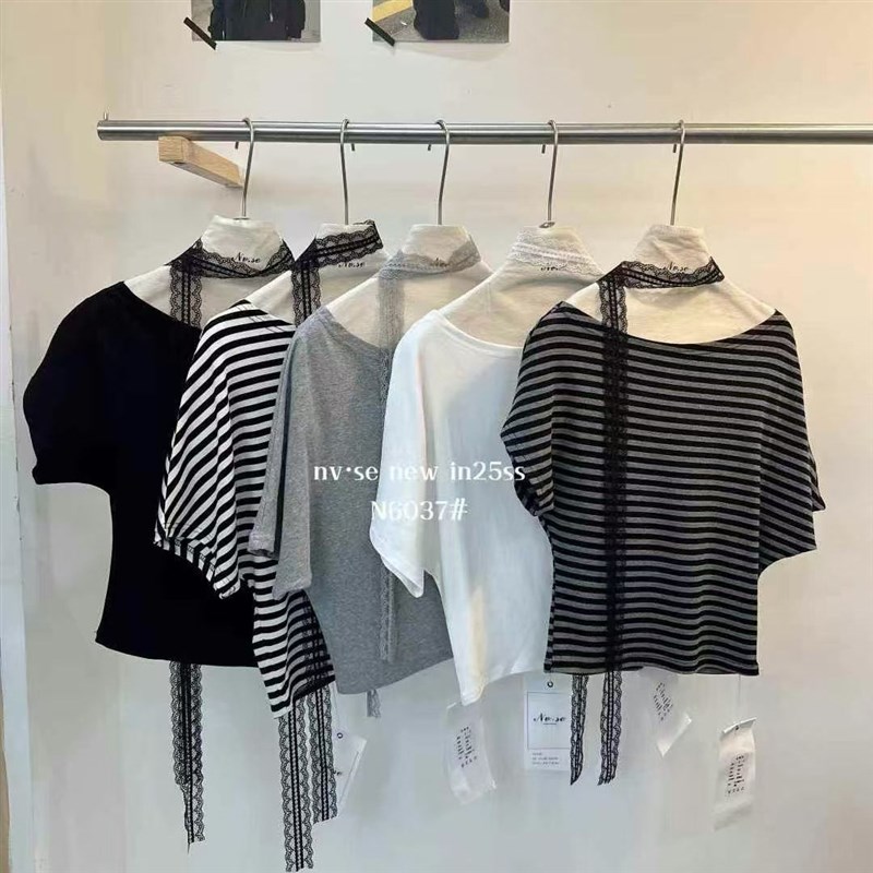 十三行女色6037蕾丝飘带条纹一字肩上衣女2025夏新款显瘦短袖T恤