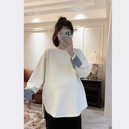 孕妇卫衣衬衫条纹袖拼p接长袖T恤秋装新款纯棉加绒打底衫宽松上衣