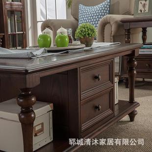 美式几乡村茶小户型家具复古茶桌QM0427实木落客地橡厅红木木质储