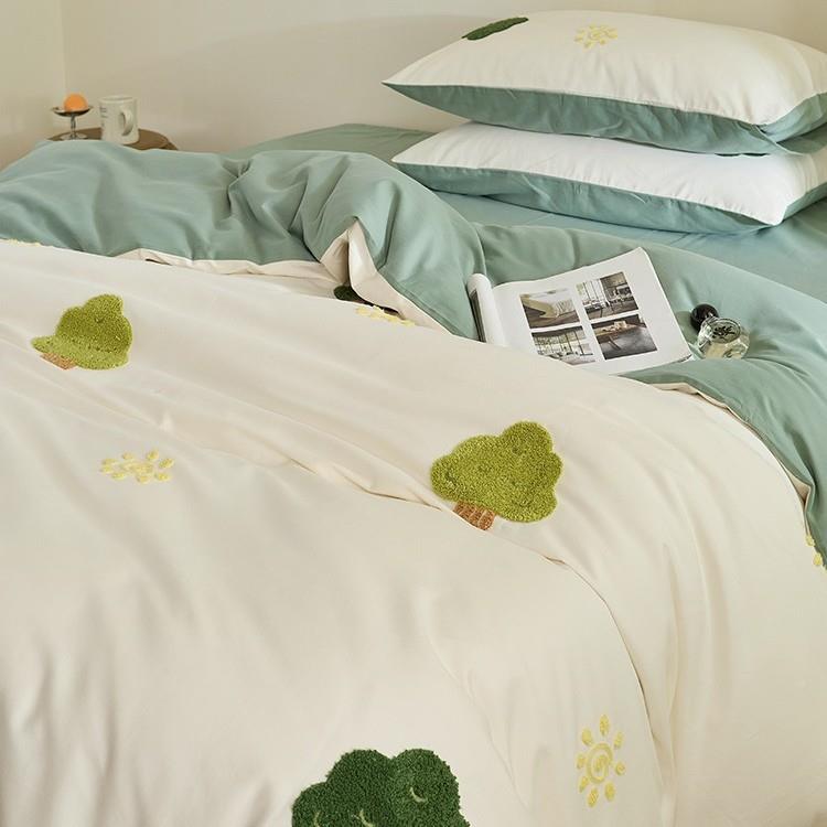 A类毛秋巾绣小树可爱卡通全棉磨毛四件套冬纯加厚保暖棉床单yd床