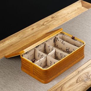 手工竹编提篮 便携茶具收纳盒 中式 复古长方形家用带盖防尘收纳筐