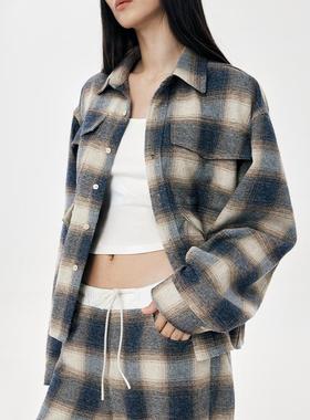 【特价】【博主同款】RURE多口袋设计绒感格纹廓形短外套衬衫初秋
