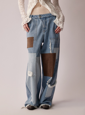 RURE贴布绣牛仔直筒长裤宽松拖地阔腿裤牛仔裤女2025秋冬新款裤子