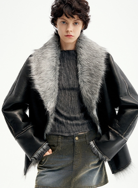 【特价】RURE 正反两穿做旧擦色大翻领秋冬女皮毛一体外套