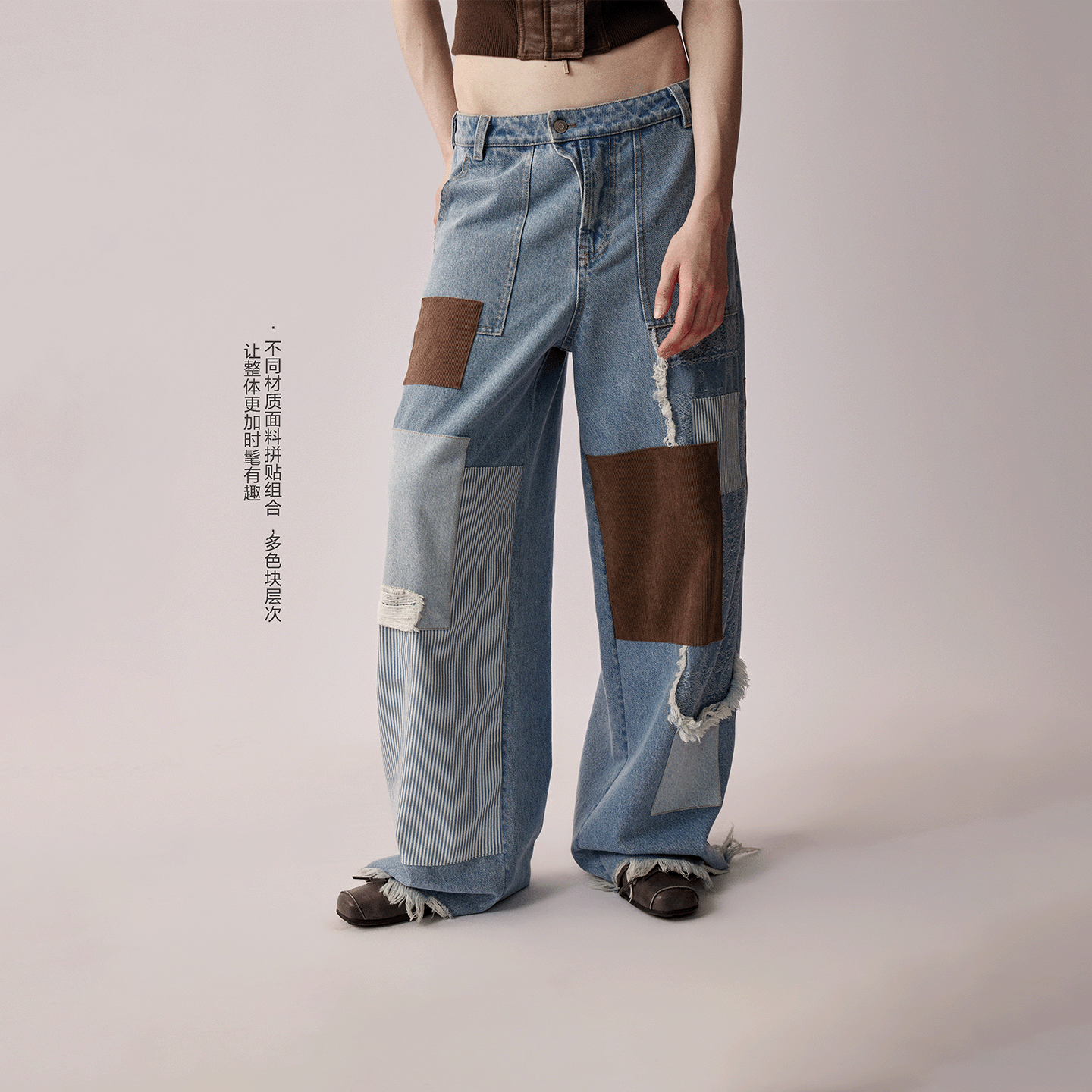 RURE贴布绣拼接牛仔直筒长裤宽松拖地阔腿裤牛仔裤女新款拖地裤子