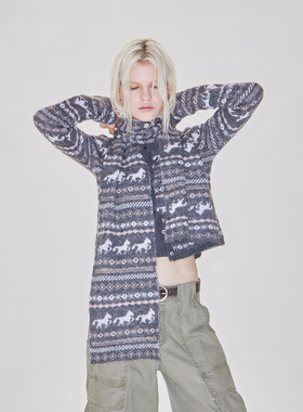 RURE费尔岛系列小马提花圆领含羊毛开衫毛衣毛织上衣围巾三件套