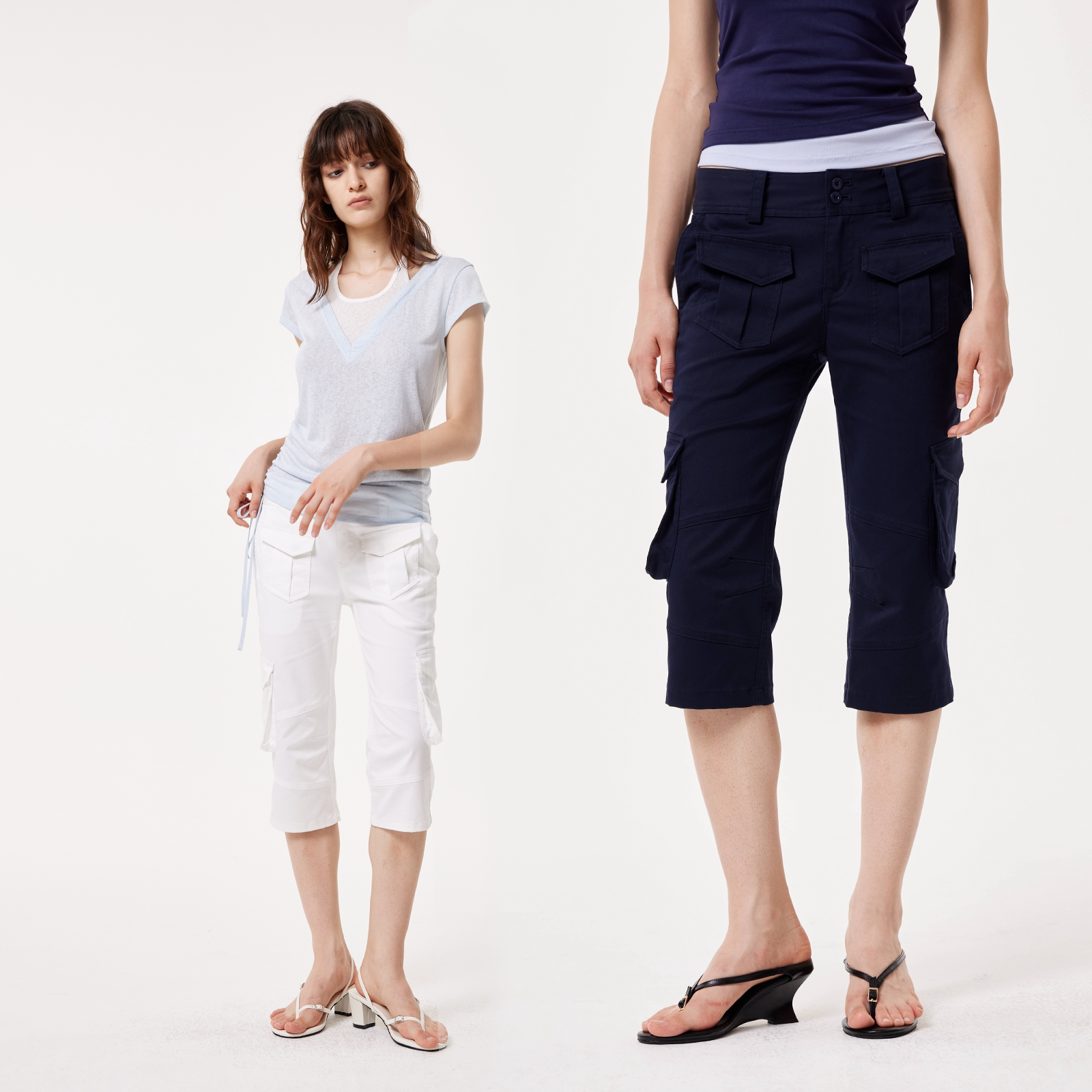 【新品】RURE工装修身弹力休闲裤七分裤多口袋结构牛仔裤女夏薄款