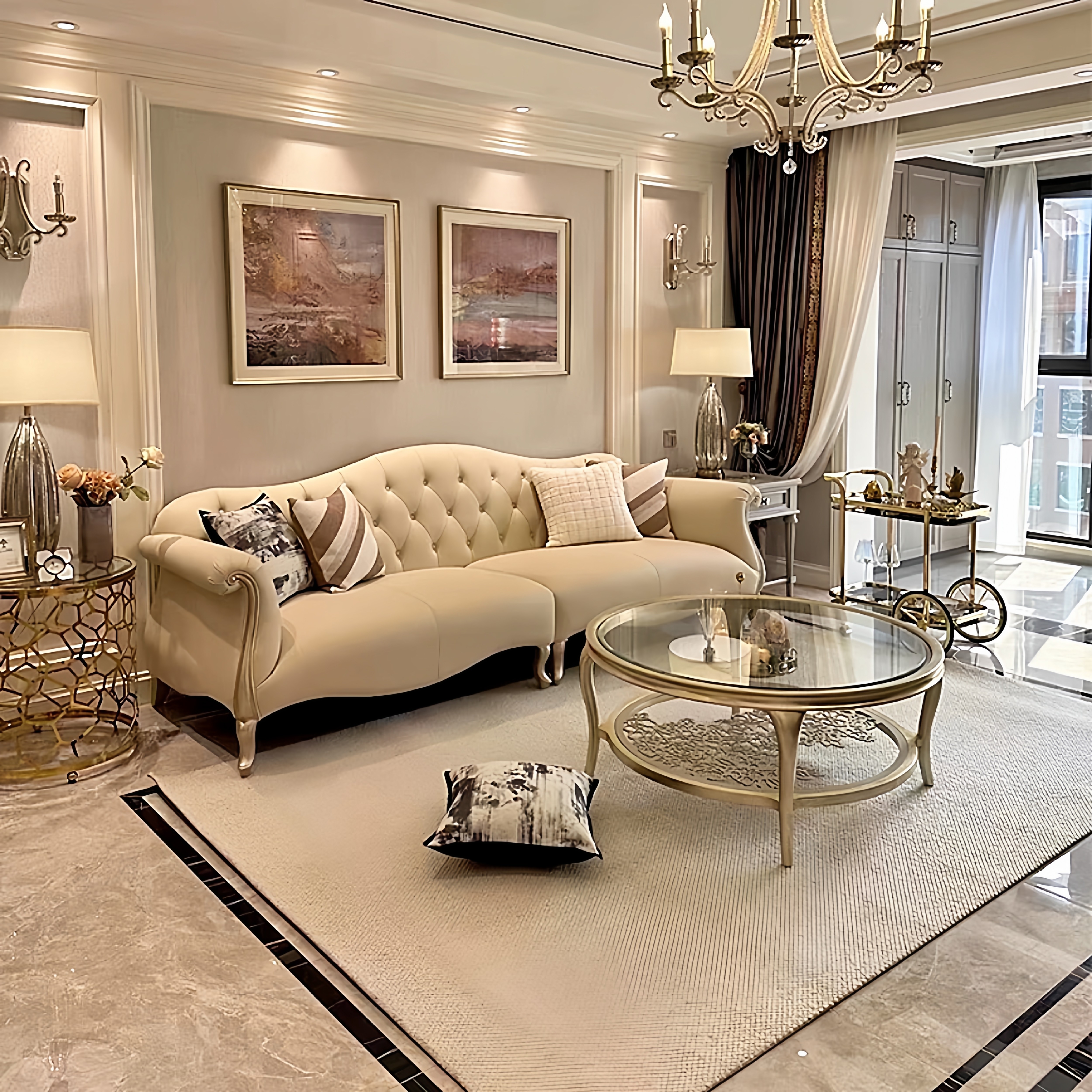 美式轻奢实木布艺皮沙发现代奶油风简约法式客厅沙发直排拉扣组合