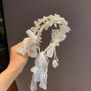 可爱蕾丝珍珠女宝宝软发箍蝴蝶结流苏发卡洛丽塔发带儿童拍照头饰