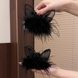 纯欲风黑色兔耳羽毛抓夹2025新款高端高级感后脑勺毛毛发夹女头饰