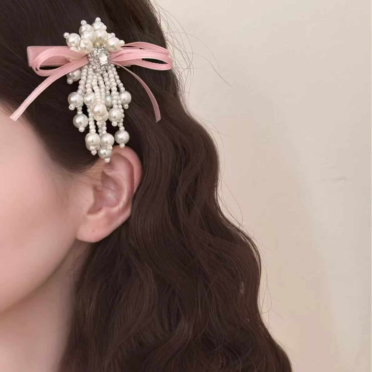 韩系粉色蝴蝶结珍珠流苏发夹女2025新款发夹鸭嘴夹半扎发头饰发卡