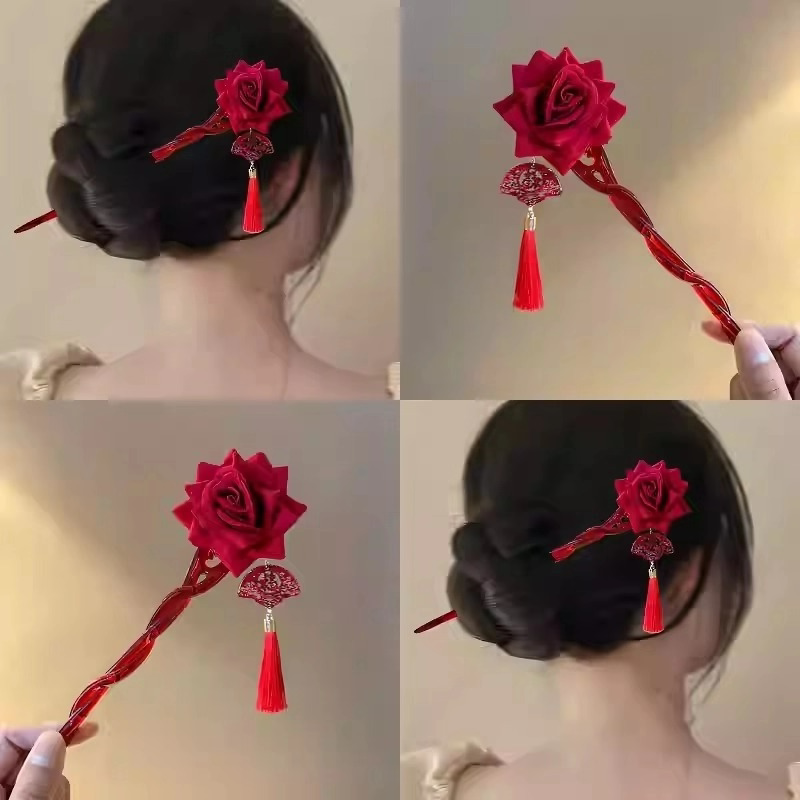 红玫瑰~新年国风红色花朵流苏发