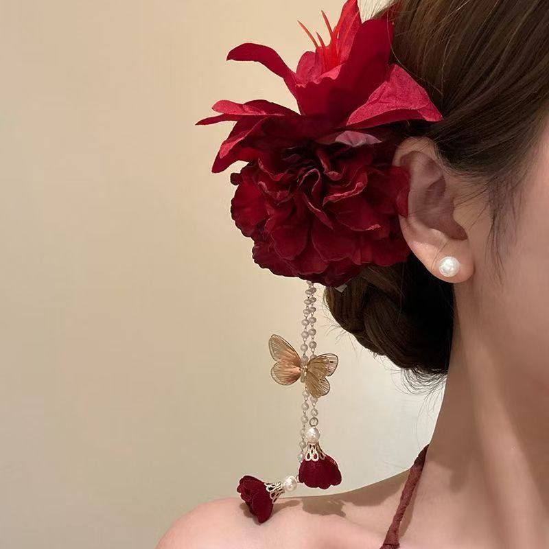 中式红花流苏仿真发夹