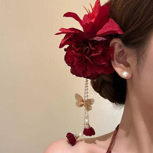 中式红花流苏仿真发夹
