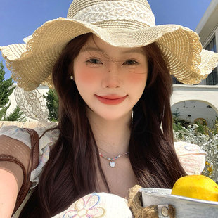 蕾絲蝴蝶結大帽檐沙灘草帽女2025年夏新款 海邊遮陽防曬太陽帽子潮