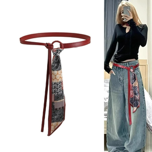 丝巾腰带配饰女丝带腰链皮带嘻哈朋克复古美式装饰配牛仔裤带红色