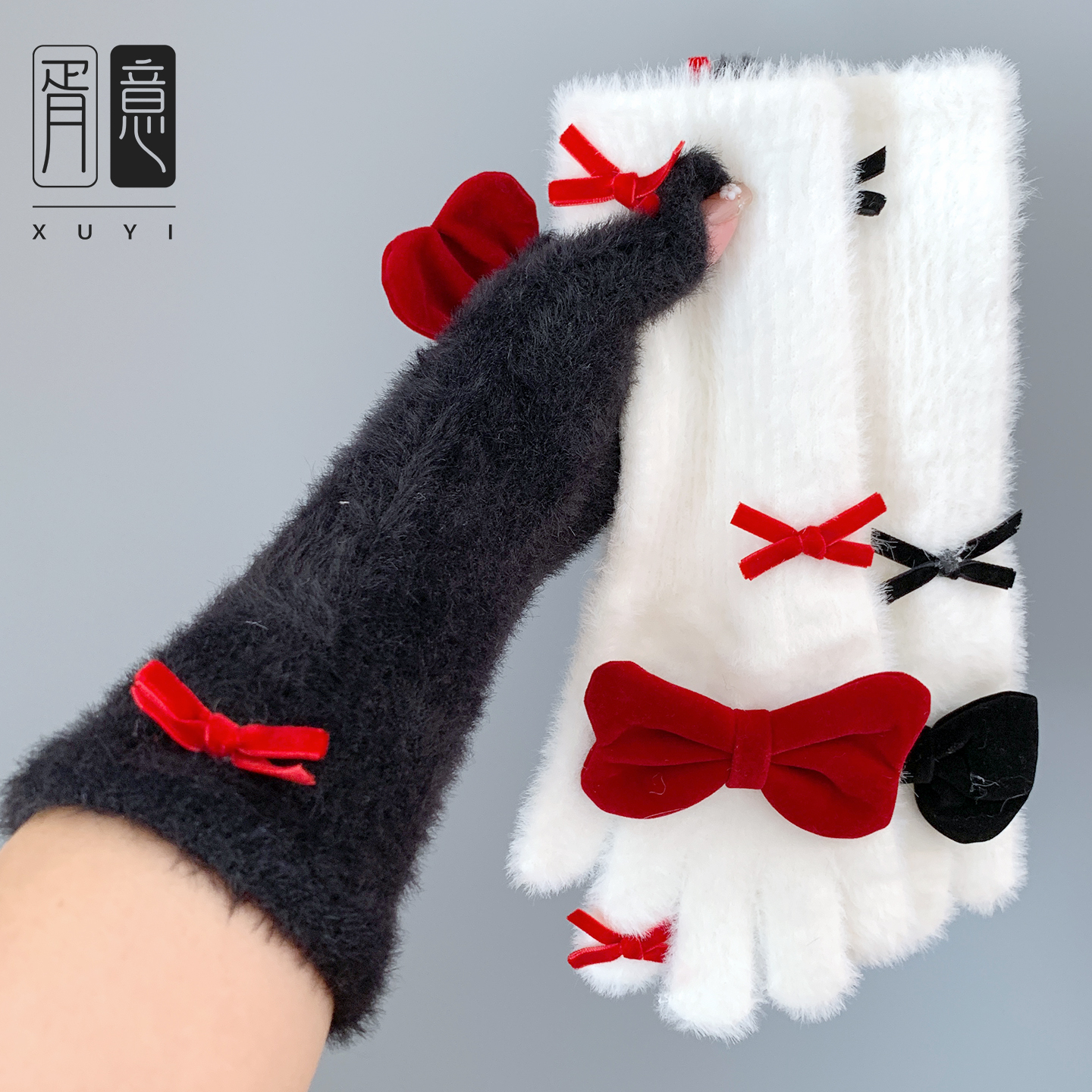 甜酷辣妹秋冬季可爱洋气毛绒保暖黑色红蝴蝶结手套女士加长可触屏