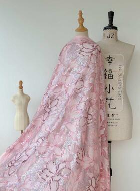 S3粉紫色亮片大花立体刺绣软网纱刺绣蕾丝布料旗袍服装面料