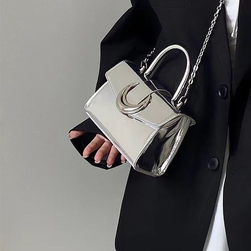 高级感月亮锁扣包女2024新款银色方形漆皮包手提包链条单肩斜挎包