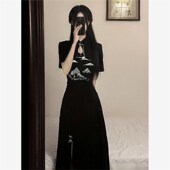 改良刺绣T恤上衣两件套裙子赫本黑色国风连衣裙套装 新中式 女装 夏