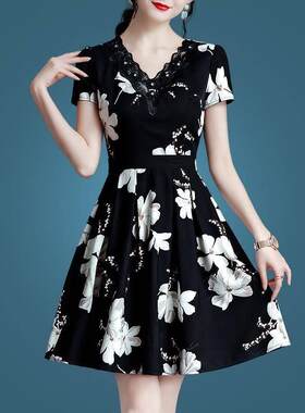 雪纺连裙依女气质短岫夏款2023女装系带修身收腰印花V领夏裙显瘦