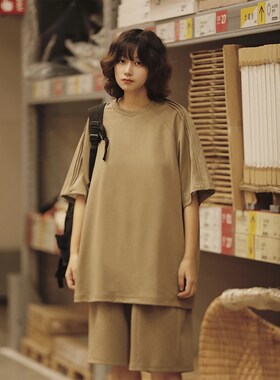 阿于呆日系夏季纯色运动潮牌套装男宽松简约户外短袖短裤两件套女