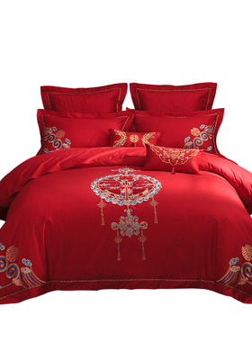 中式刺绣全棉婚庆四件套大红色新婚被套床单纯棉喜被结婚床上用品