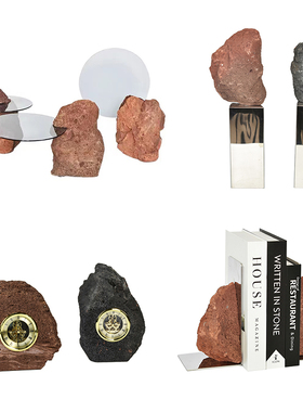 新中式现代石材圆形玻璃屏风托盘摆件样板间玄关书档钟表书房装饰