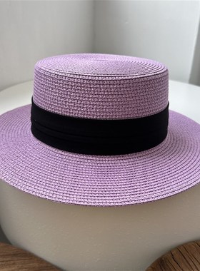 2025夏新款法式复古紫色平顶草帽女夏季防晒度假草帽时尚遮阳帽