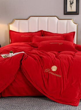 婚庆婴儿绒四件套大红色被套床笠加厚牛奶绒喜被婚嫁乔迁床上用品