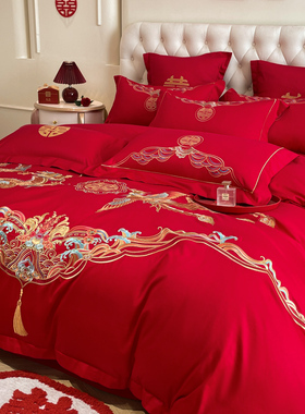 简约红色喜被四件套结婚高档婚房纯棉全棉被套新婚庆陪嫁床上用品