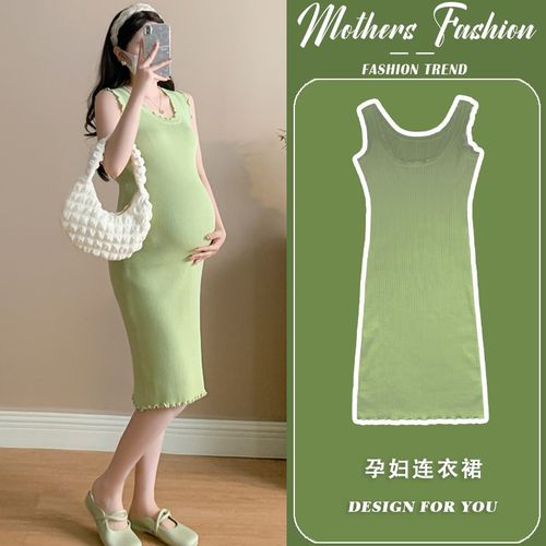 孕妇连衣裙夏季2025新款绿色宽松显瘦时尚辣妈木耳边背心裙中长款