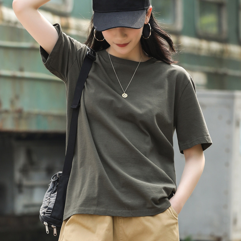 军绿色短袖女夏季纯棉t恤女夏宽松2021新款大码体桖胖mm薄款上衣
