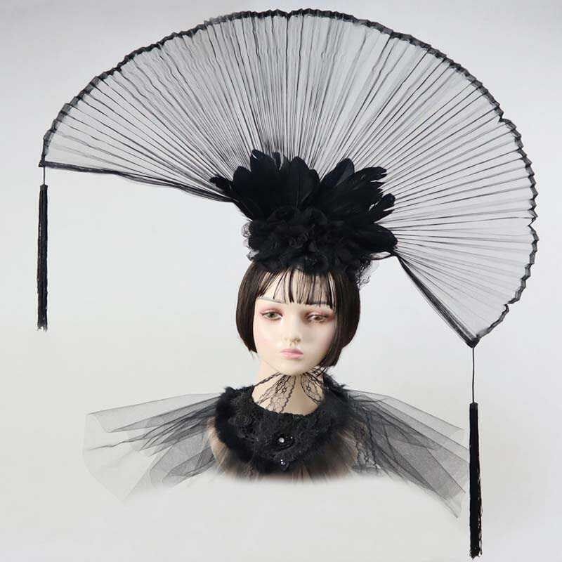 扇形国风古风黑色羽毛流苏高级感走秀演出彩妆造型旗袍秀发饰头饰,模玩/动漫/周边/娃圈三坑/桌游,lolita洛丽塔配饰小物/道具,淘宝优惠券,粉丝福利购,淘宝优惠卷