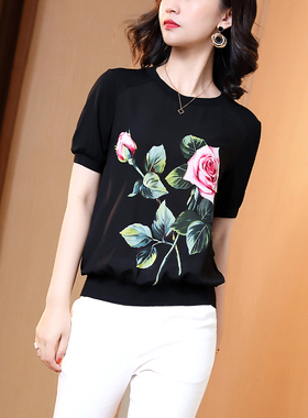 黑色宽松休闲短袖t恤女2025春夏牡丹印花丝光棉雪纺遮肉减龄上衣