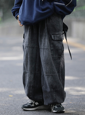 阿于呆日系复古水洗做旧直筒牛仔裤男潮牌宽松阔腿工装休闲长裤女