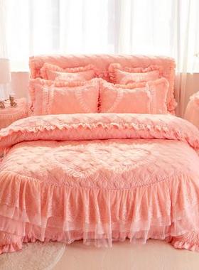 大红色床加厚新款件套裙式棉床单被套四结婚床罩被罩六件夹婚庆