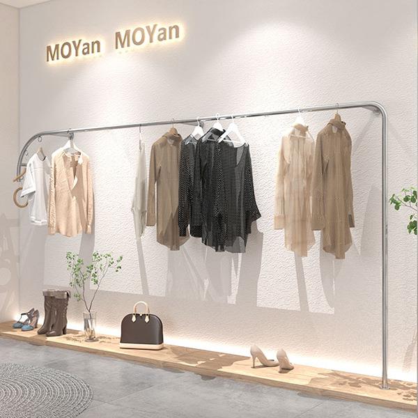 服装店上墙展示架女装壁挂货架陈列架落地式不锈钢银色拉丝挂衣杆
