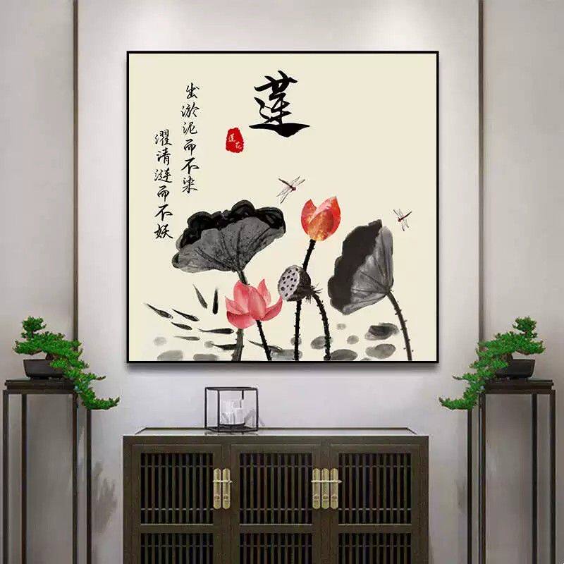 轻奢玄关装饰画走廊过道山水挂画现代晶瓷进门正方形餐厅中式壁画