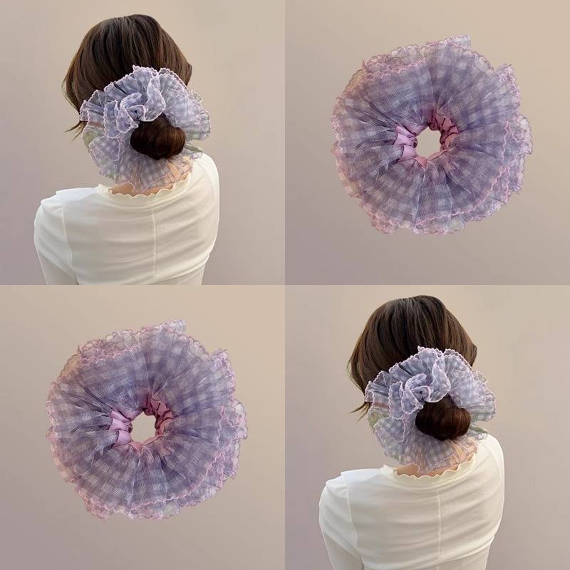 紫色网纱蕾丝格子双层大肠发圈