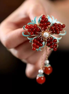 红色中国枫叶发饰梅花流苏发夹侧边后脑勺古风气质头饰旗袍夹子