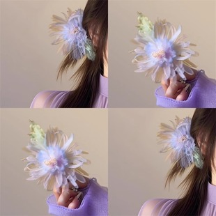 新中式清新淡紫菊花仿烫花薄纱绢花发夹古风汉服发饰国风仙女头饰