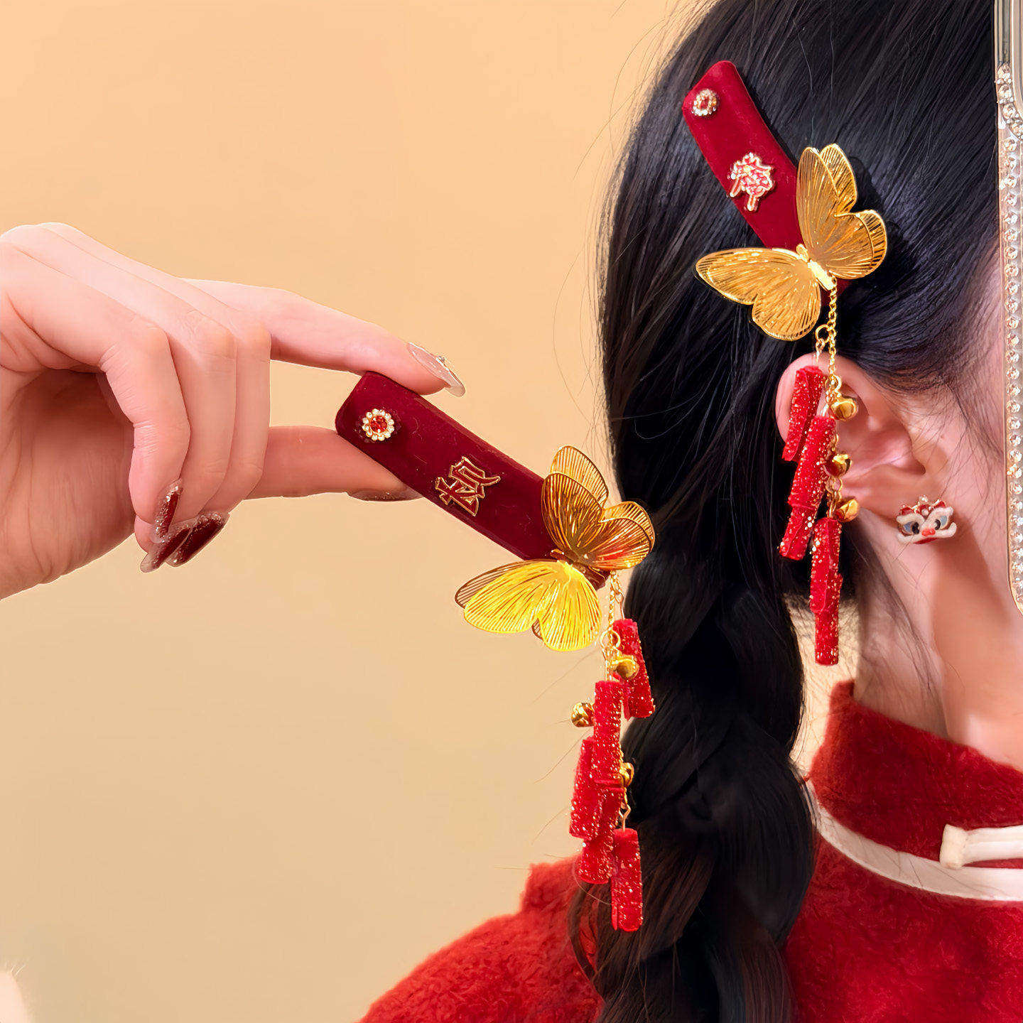 「岁末金蝶」2026新款复古新年红色流苏发夹女刘海夹发卡旅行发饰,饰品/流行首饰/时尚饰品新,发饰,淘宝优惠券,粉丝福利购,淘宝优惠卷
