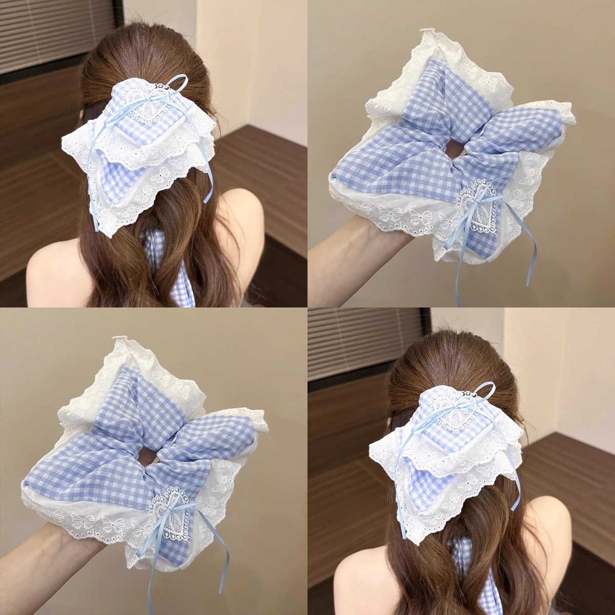 蓝色格纹蕾丝花边方巾大肠发圈女超大号蝴蝶结头绳丸子头发饰发绳,饰品/流行首饰/时尚饰品新,发饰,淘宝优惠券,粉丝福利购,淘宝优惠卷