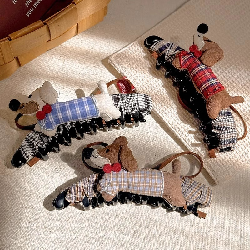 可爱挎包小狗发夹女后脑勺盘发鸭嘴夹百搭大号抓夹布艺发卡子发饰